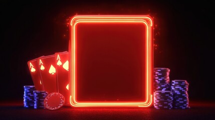 Neon Frame with Playing Cards and Casino Chips on Dark Background