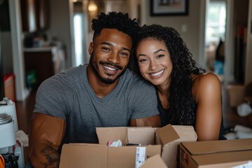A happy couple sitting amidst unpacked moving boxes in their new home, reflecting joy, love, and optimism during the transitioning phase of their lives.