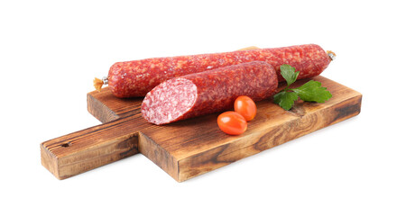 Delicious smoked sausages with parsley and tomatoes isolated on white