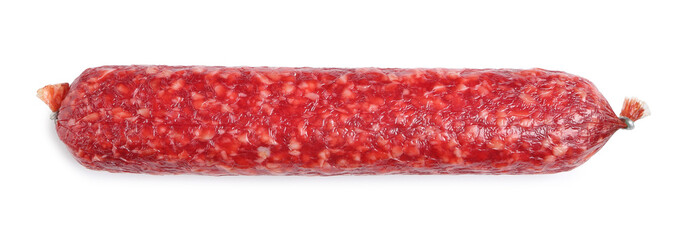 Delicious dry cured sausage isolated on white, top view