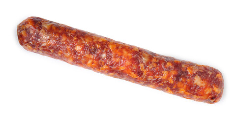Delicious dry cured sausage isolated on white, top view