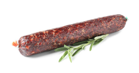 Delicious dry cured sausage with rosemary isolated on white