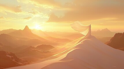 Naklejka premium Ethereal Landscape with Flowing Fabric at Golden Hour