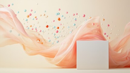 Sleek white ceramic box surrounded by flowing silk and pastel candies in a serene setting