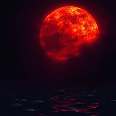 Moon reflects on dark water during a celestial event near a calm ocean setting at night