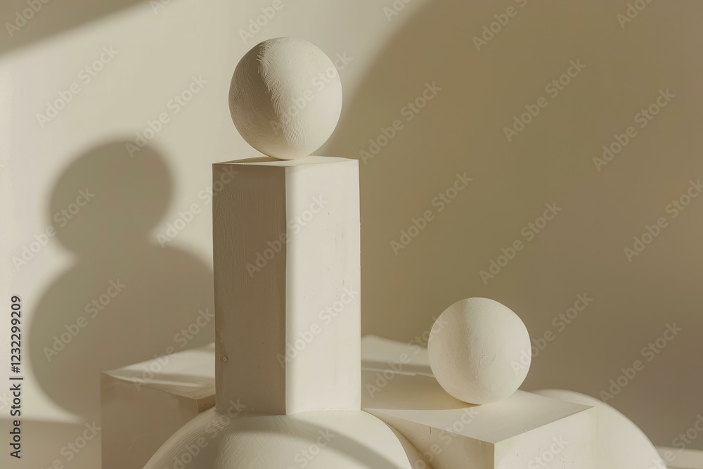 Poster abstract composition featuring white geometric shapes and spheres, creating an elegant and minimalis