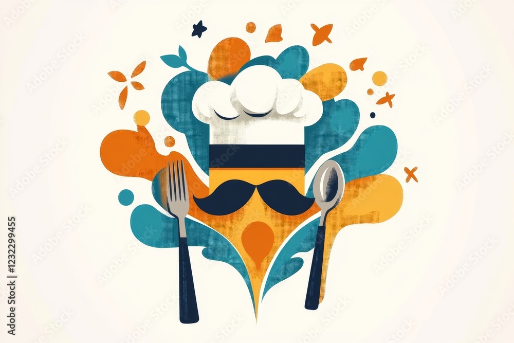 Poster a simple geometric depiction of a chef hat paired with a single spoon and fork, emphasizing the culi