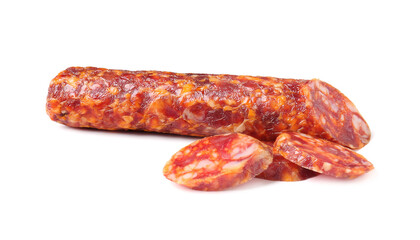 Delicious dry cured sausage isolated on white