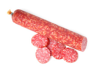 Delicious dry cured sausage isolated on white, top view