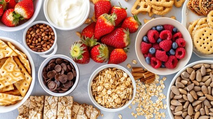 Fototapeta premium A Delicious and Healthy Breakfast Spread: Berries, Oats, Nuts, and More!