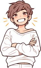 Cheerful Anime Character Smiling, Brown Hair, Digital Art.