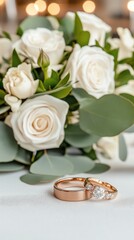 Two exquisite golden wedding rings rest on a white tablecloth with a beautiful bouquet softly blurred in the background.