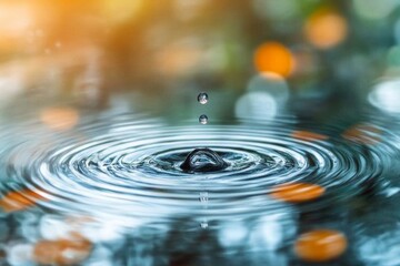 A single raindrop creating ripples on a calm surface, with a focus on the ripple effect spreading outward