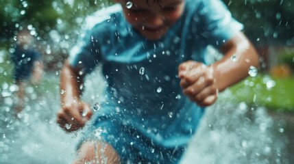 Obraz premium Child joyfully playing in the water during a sunny summer afternoon
