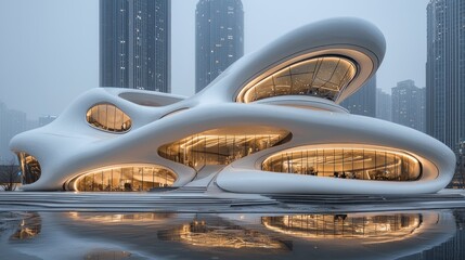 Obraz premium Modern Organic Architecture Reflecting in Water