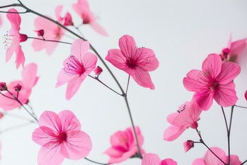 Naklejka premium Pink flowers blooming on thin branches create a delicate and beautiful floral arrangement against a clean white background