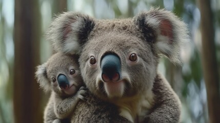 Fototapeta premium Mother Koala Protecting Her Baby Koala In The Forest