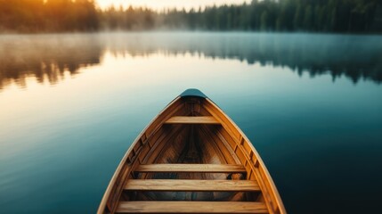 Lone boat drifts on a tranquil lake at dawn with rising mist
