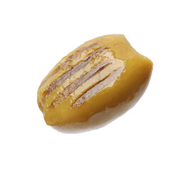 One grilled green olive in air on white background