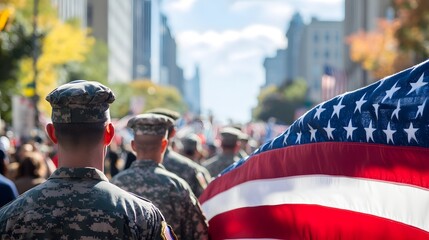 Military Parade, City Street:  A powerful image of soldiers in uniform marching down a city street, with a large American flag billowing behind them.