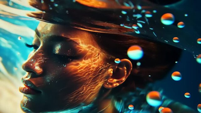 Serene underwater portrait of a woman surrounded by vibrant bubbles and colorful reflections