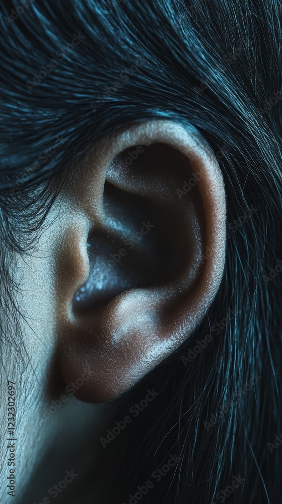 Poster Macro photography of an ear highlighting the intricate details of the outer ear structure, emphasizing the sense of hearing and sound perception in low key lighting