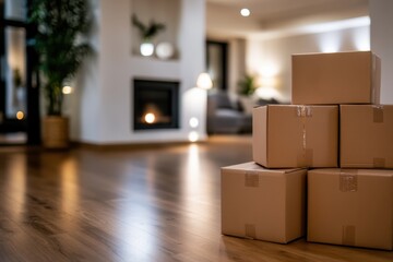 A warm, inviting living room setting with stacked cardboard boxes, reflecting themes of change and the comfort of a cozy home ready for settling in.