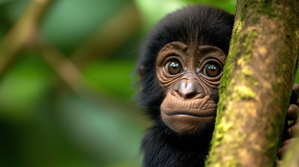 Baby monkey holding tree trunk in dense green jungle. Wildlife and nature themes