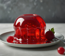 A 3D blob that looks like a wobbly fruit jelly, with a translucent, shiny surface and vibrant color like cherry red or lime green. The blob is set on a plate with a spoon nearby, surrounded by dessert