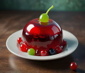 A 3D blob that looks like a wobbly fruit jelly, with a translucent, shiny surface and vibrant color like cherry red or lime green. The blob is set on a plate with a spoon nearby, surrounded by dessert