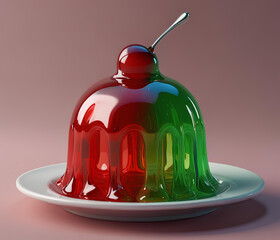 A 3D blob that looks like a wobbly fruit jelly, with a translucent, shiny surface and vibrant color like cherry red or lime green. The blob is set on a plate with a spoon nearby, surrounded by dessert