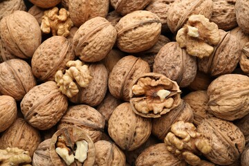 Fresh walnuts in shells and shelled ones as background, top view