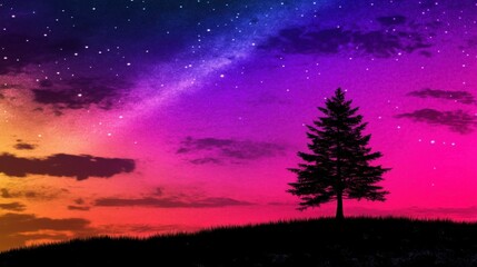 Fototapeta premium Lone pine tree silhouetted against a vibrant aurora borealis in a serene landscape, showcasing the natural beauty and tranquility of the northern lights in a breathtaking night sky.