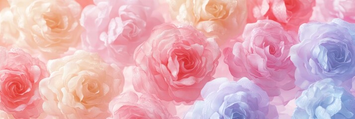 Fototapeta premium A gentle background pattern of sweet-colored roses in pastel tones, with a soft-focus blurred effect, creating a peaceful and elegant texture for modern design.