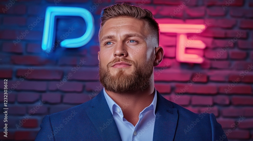 Poster a man in a blue suit with a light beard is the focus of this image the background features a red bri