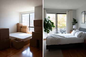 Fototapeta premium A captivating side-by-side comparison of a bedroom before and after moving, showcasing boxes on one side and a beautifully arranged cozy space on the other.