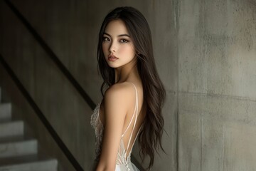 Naklejka premium Woman with dark hair in white dress, gray wall.