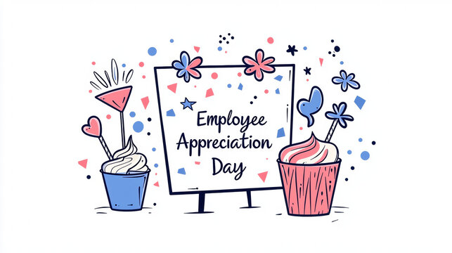 Employee Appreciation Day celebration with colorful decorations, cupcakes, and festive elements. joyful atmosphere is created to honor employees and show gratitude - Powered by Adobe