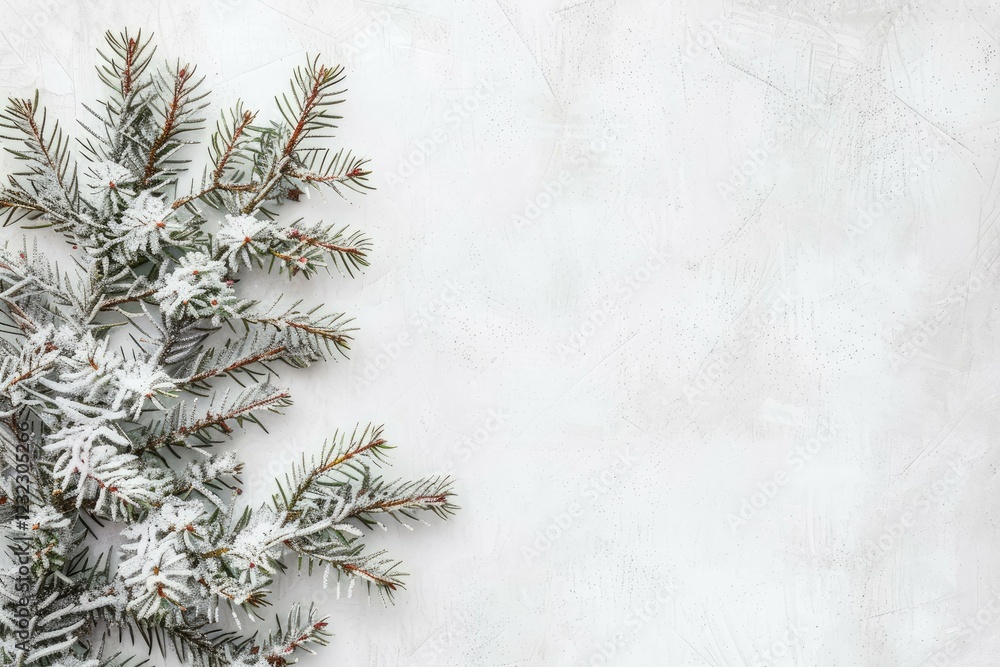 Poster christmas fir tree branch covered with snow lying on white textured background with copy space