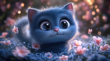 Cute kitten, flowers, sunset, digital art, children's book