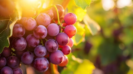 Close-up of fresh red grapes illuminated by golden sunlight