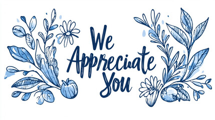 We appreciate you with beautiful floral design featuring blue leaves and flowers, conveying gratitude and warmth. Perfect for thank you notes or cards
