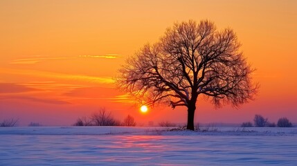 Fototapeta premium Majestic Winter Sunset: Solitary Tree in a Snowy Landscape