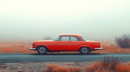 Vibrant red car with flat tire parked on dusty roadside under a cloudy sky