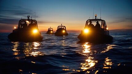 A group of boats with lights on them in the ocean at night, engaged in a search and rescue operation