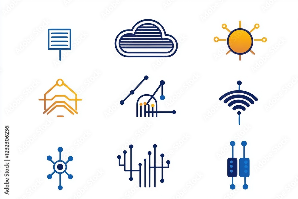 Poster set of thin line cloud computing icons for digital technology representation