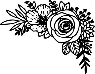Hand drawing floral line art illustration featuring detailed rose,foliage,leaves, and botanical elements. For coloring pages, tattoo designs, laser cutting, and decorative clipart.