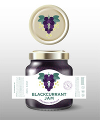 Black Currant Jam label and packaging. Glass jar mockup with golden lid and label.