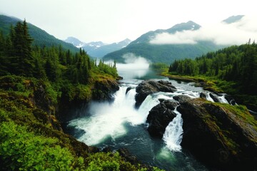 Fototapeta premium A waterfall cascading down a rocky cliff, prominently visible against the dense greenery of a forest