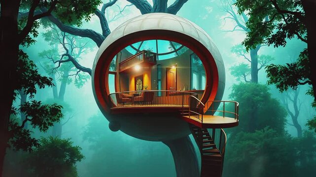 Unique round tree house, seamless 4K virtual video animation background